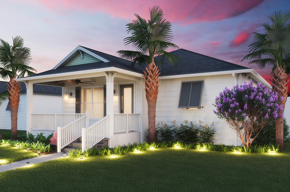 Exterior rendering of a white home with a front porch and palm trees at Green Key Village in Lady Lake, Florida.