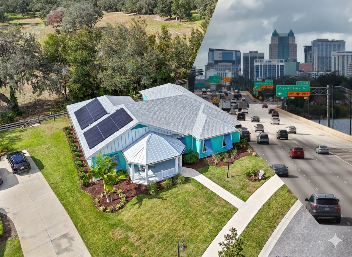 A split image showing a teal home with solar panels on the left and a busy highway leading to a city skyline on the right.