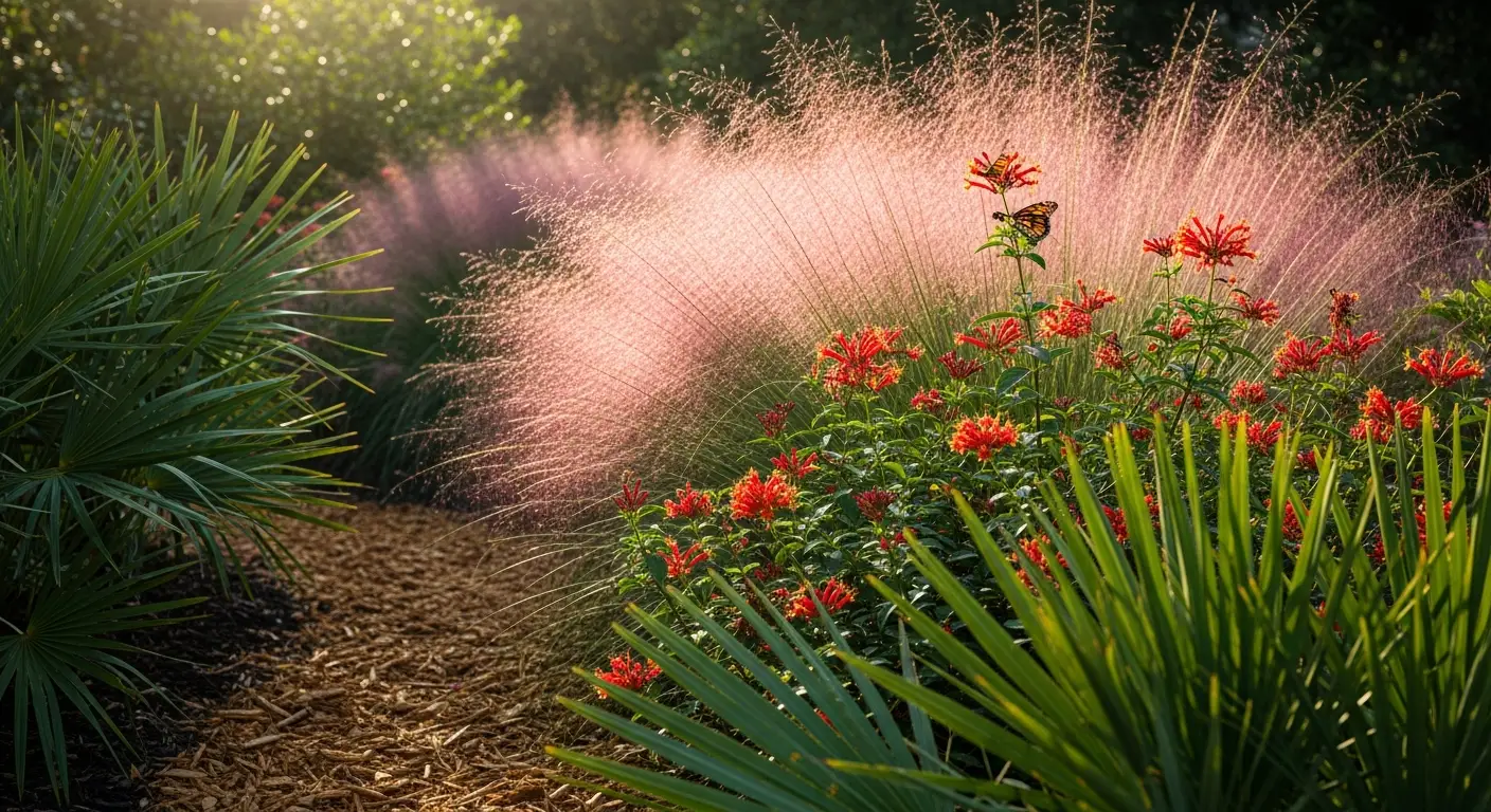 Mulch path lined with green palms, red flowers, and pink ornamental grasses with a butterfly.