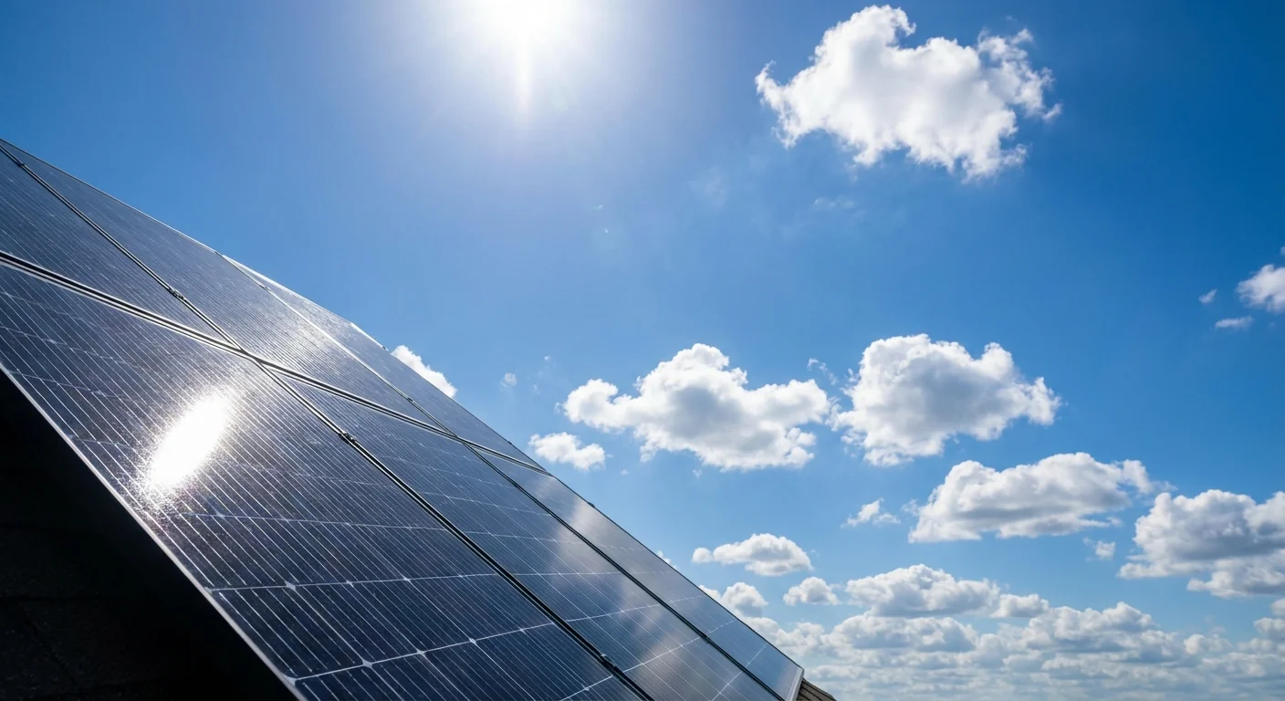 Solar panels angled toward a bright blue Florida sky — powering net-zero homes in Florida
