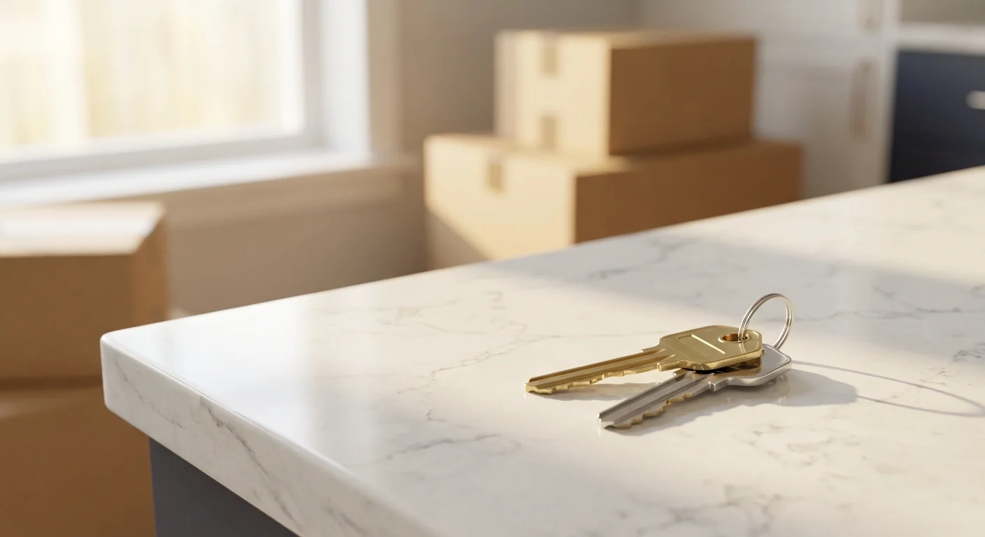 New house keys on a white quartz countertop with moving boxes — quick move-in home ready for its new owner