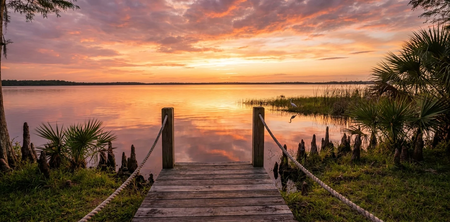 Late golden hour over a still Central Florida lake, seen from a weathered wooden dock with cypress knees and saw palmettos along the bank under a wide warm sky
