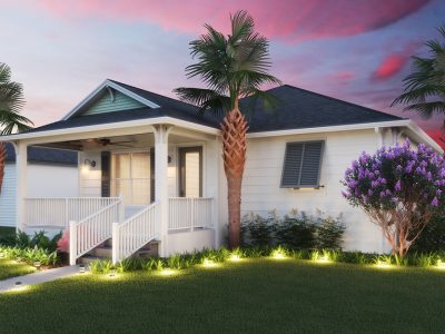 Exterior rendering of a white home with a front porch and palm trees at Green Key Village in Lady Lake, Florida.