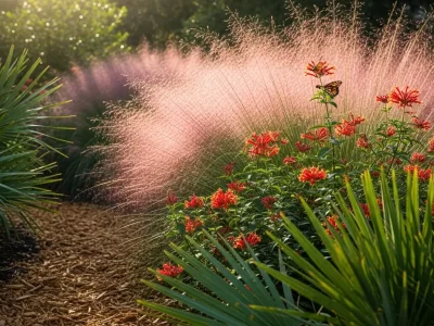 Mulch path lined with green palms, red flowers, and pink ornamental grasses with a butterfly.
