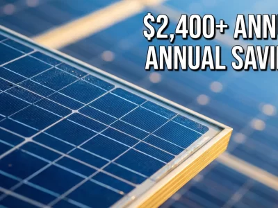 Close-up of blue solar panels with text overlay reading $2,400+ annual savings.