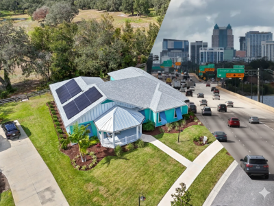 A split image showing a teal home with solar panels on the left and a busy highway leading to a city skyline on the right.