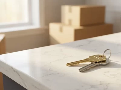 New house keys on a white quartz countertop with moving boxes — quick move-in home ready for its new owner